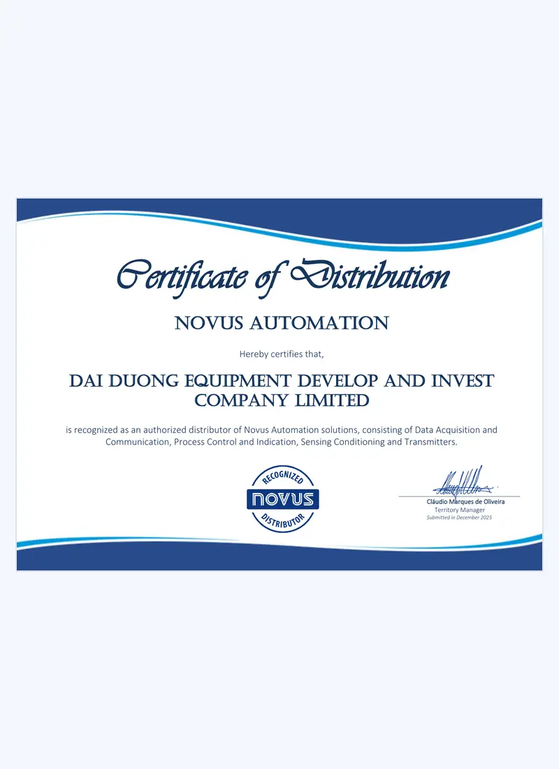 Chứng nhận Đại Dương là nhà phân phối ủy quyền NOVUS Automation năm 2025