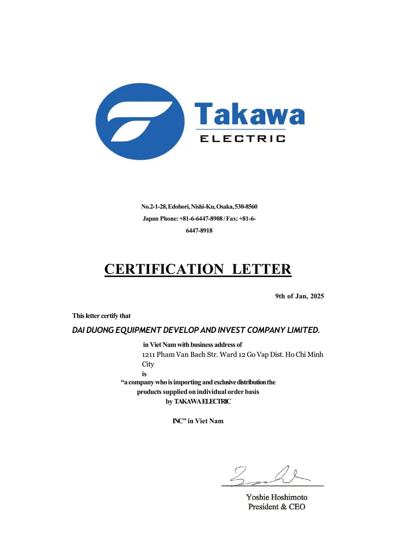 Thư chứng nhận Đại Dương phân phối sản phẩm TAKAWA Electric tại Việt Nam năm 2025